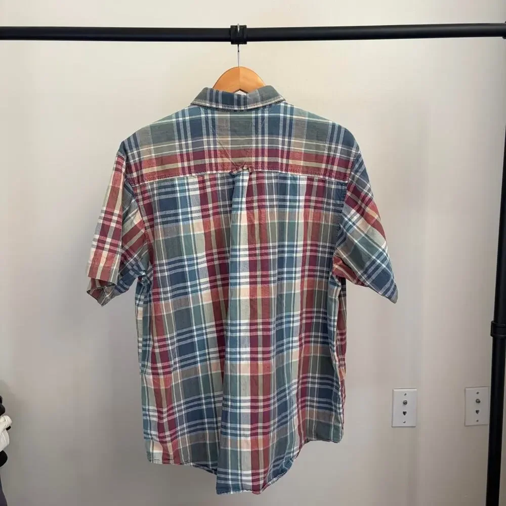 Vintage 90s Cherokee Plaid Indie Striped Mens L Button Up Short Sleeve Shirt
